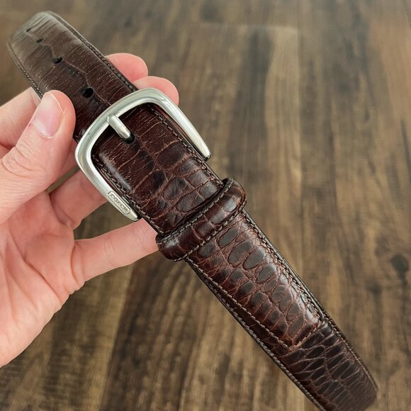 Coach Croc Embossed Calfskin Leather Belt Solid Brass Buckle Mens Size 34 Brown - Picture 3 of 16
